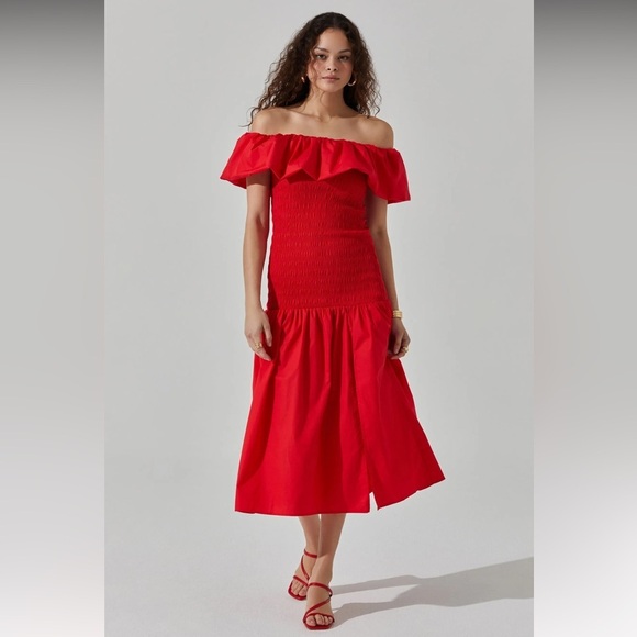 NWT ASTR The Label Off the Shoulder Cotton Red Ruffle Midi Dress Size Sm… - Picture 4 of 16